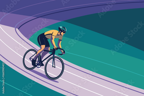 Cyclist racing on a modern velodrome track, flat.