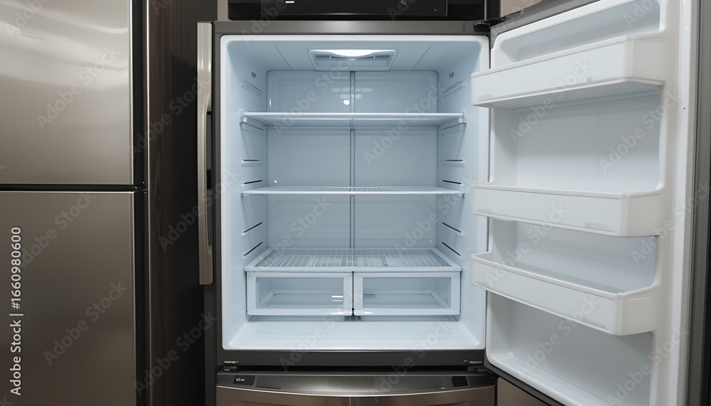 Fototapeta premium The inside of an empty, clean refrigerator with bright interior lighting is seen open wide.