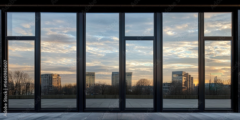 Fototapeta premium A wide, dark window frame dominates the foreground, reflecting a dramatic sky filled with clouds and the distant cityscape. The window panes create a grid pattern, framing a breathtaking sunset view. 