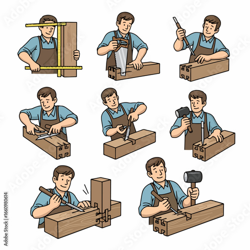 Carpenter working on wood joints with tools
