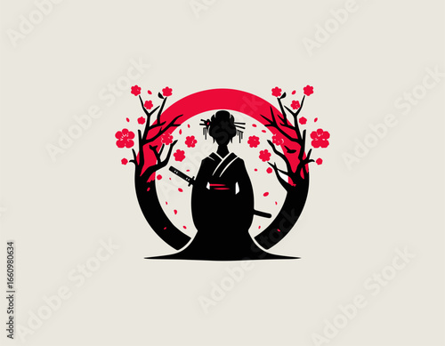 A mysterious female warrior silhouette with two katanas against a textured red sun. Japanese art concept