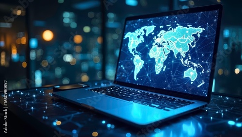 A notebook with a technological world map