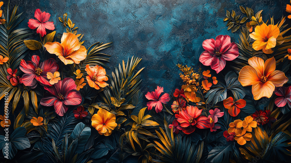 Obraz premium A vibrant tapestry of tropical flora, in hues as varied as a rainbow, adorned a sleek and dark wall, creating a striking contrast and a tropical oasis within a concrete setting 