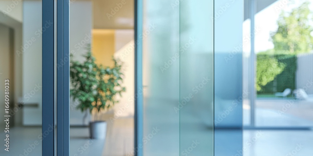 Fototapeta premium A blurred photograph showcases a modern interior with expansive glass doors leading to an outdoor patio. The glass panes create a layered effect, revealing glimpses of a lush green garden 