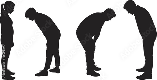 Silhouette people bending forward, tired man, exhausted woman, fatigue concept, human posture, stressed body, burnout, depression, health problem, vector illustration.