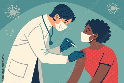 Doctor vaccinating a patient, flat illustration.
