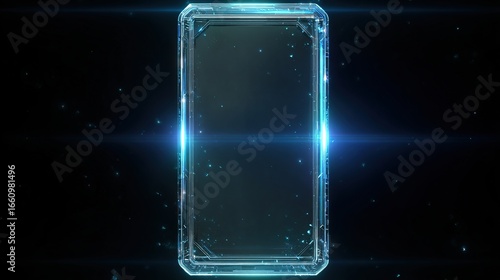 A glowing, rectangular frame with a dark interior, surrounded by blue light and scattered particles