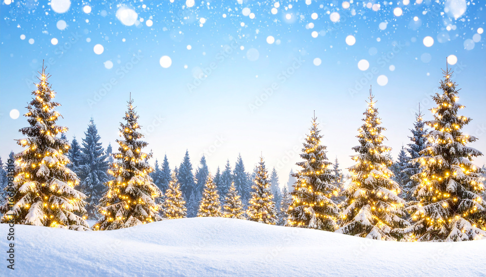 Fototapeta premium Snowy Forest Christmas Background with Glowing Pine Trees