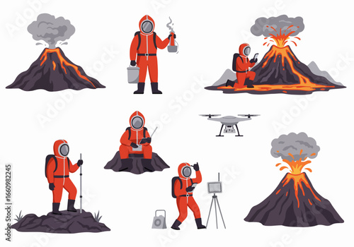 Volcanologists studying eruptions with protective suits