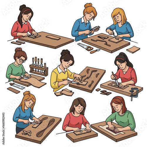 Women crafting wood projects in a workshop setting