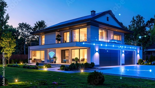 Luxurious smart home showcases connectivity and modern design at twilight scene