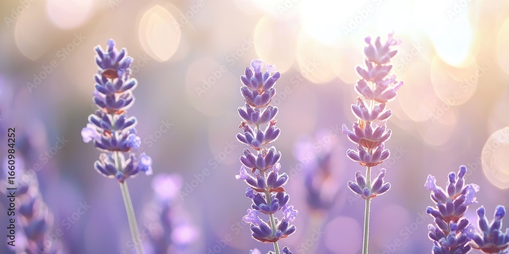 Obraz premium A close-up photograph showcases a cluster of lavender stems illuminated by a bright, warm light source, likely the sun. The lavender flowers are in full bloom