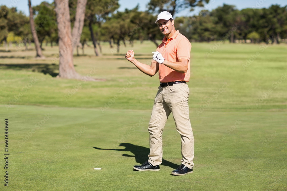 Naklejka premium Golf ball resting near hole cup on smooth putting green with pine-lined fairway under clear sky