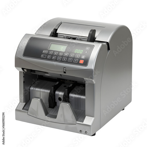 Modern money counting machine with shiny metallic finish, isolated on white background, professional banking and finance equipment.