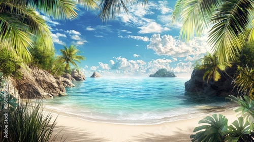 Fototapeta Naklejka Na Ścianę i Meble -  A vibrant, digitally rendered tropical beach scene framed by lush palm fronds. The foreground features dense green foliage and grasses