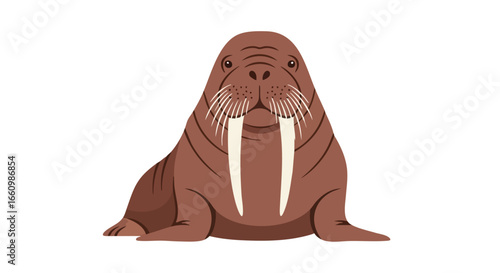 Cartoon depiction of a charming walrus with expressive eyes and prominent tusks on a white backdrop