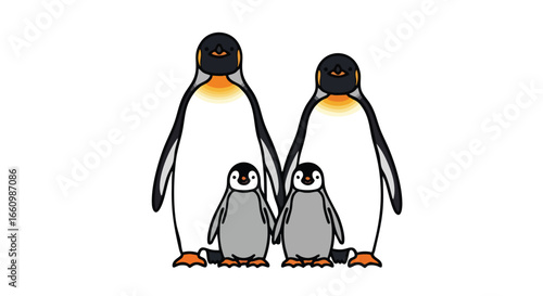 Cartoon penguin family illustration showcasing parental love and care in a minimalist graphic design suitable for children's content and educational