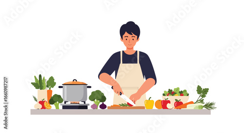 A young chef prepares a vegetarian meal, chopping fresh vegetables for a healthy and delicious meal in a minimalist kitchen setting