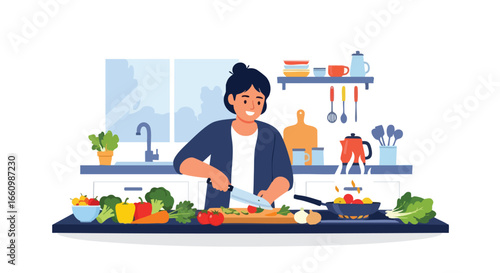 Woman preparing a healthy meal in her kitchen with fresh ingredients, showing a vibrant scene of culinary wellness and home cooking enjoyment