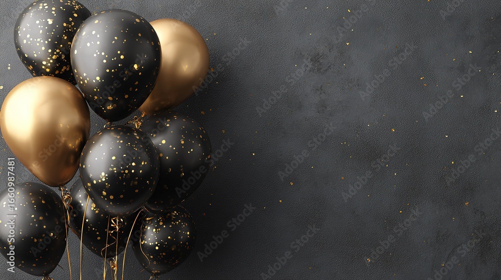 Naklejka premium 3D black and gold balloons with confetti on dark grey background, banner design with sharp focus and studio lighting, ideal for celebratory projects, event promotions, or festive decor.