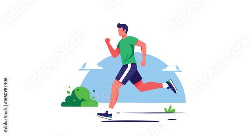 Dynamic vector illustration portraying a male runner in motion amidst a simple nature backdrop representing vitality and health awareness