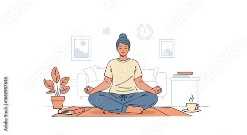 Woman finding inner peace through mindful meditation in her tranquil living room environment illustration for wellness and mindfulness practice