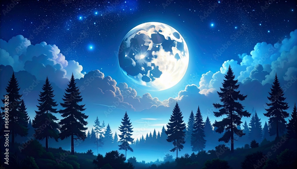 Fototapeta premium A Dreamlike Scene Featuring a Majestic Moon, Stars, and a Forest Silhouette