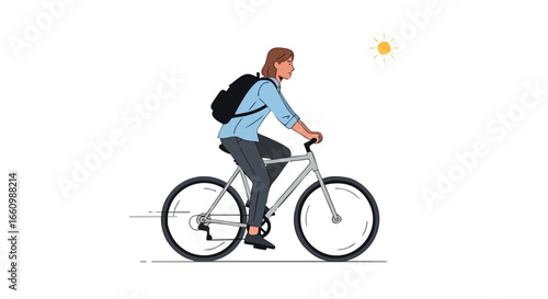 Illustrated cyclist with backpack beneath the sun, portraying healthy commuting and sustainable urban living, promoting ecological transport