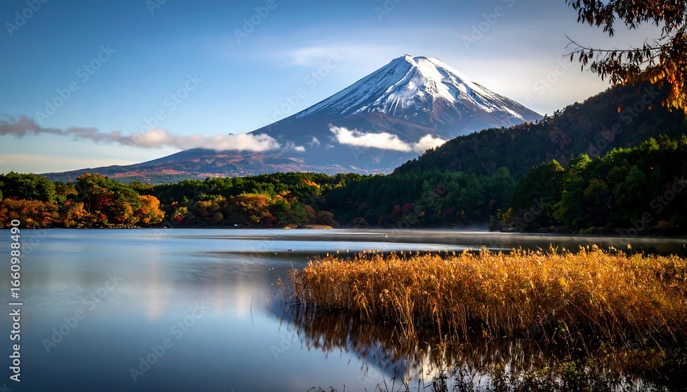 Majestic mount fuji reflected in lake shojiko in japan, autumn scenery scene Majestic mount fuji reflected in lake shojiko in japan, autumn scenery scene
