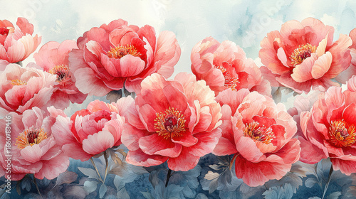A vibrant watercolor illustration showcases a collection of hand-drawn pink peonies, their petals rendered in delicate detail and their forms captured in a watercolor style. The white background 