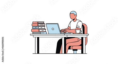 Illustration of a focused student with laptop and books, perfect for education-themed projects showcasing distance learning and study habits