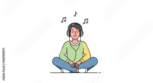 Relaxed listening: Person enjoying music with headphones in a meditative pose and musical notes floating above for relaxation and happiness