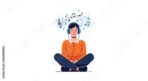 Serene listening: a tranquil moment of mindfulness with music and headphones for auditory escape and relaxed state of mind