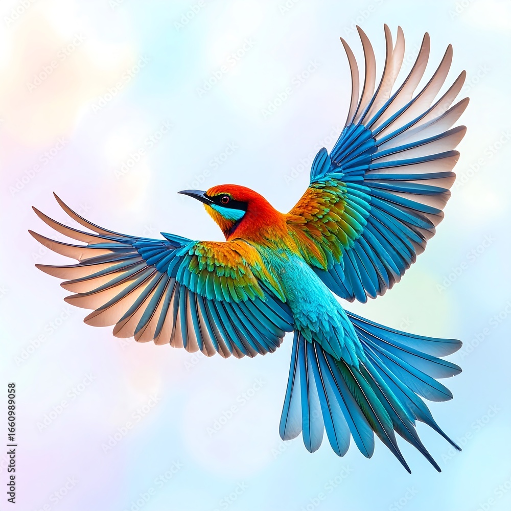 Obraz premium Colorful bird in flight against a soft, ethereal background