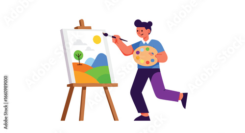 Cheerful Artist Expressing Creativity Through Landscape Painting on Canvas with Palette