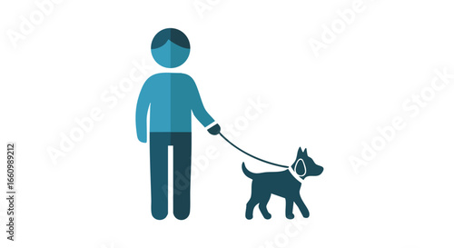 Stylized depiction of a person walking a dog, rendered in flat design with a limited color palette portraying companionship and daily routine
