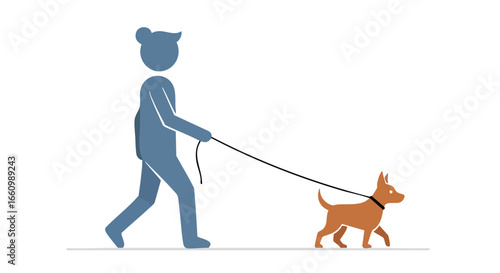 Abstract depiction of a person walking a dog, ideal for conveying concepts such as pet ownership, health, and companionship through a simple and