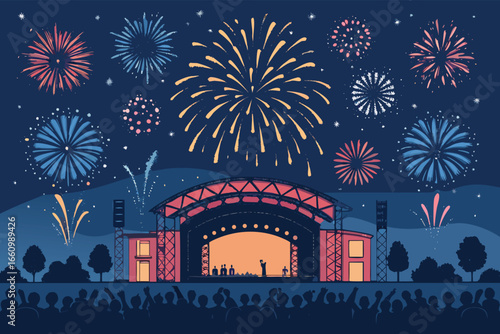 Night festival with fireworks over a concert.
