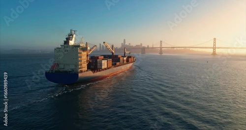 A container ship transports goods across the water near San Francisco, California, USA. The ship is moving cargo for global trade and commerce.