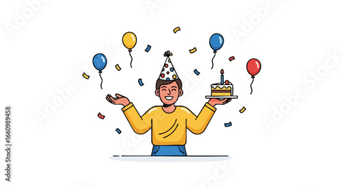 Festive Cartoon Man Celebrating Birthday with Cake and Balloons Amidst Cheerful Confetti Shower Occasion Illustration