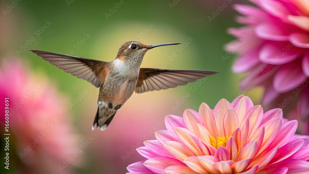 Fototapeta premium Rufous Hummingbird Hovering Near Pink Dahlias in Soft Focus Garden flying