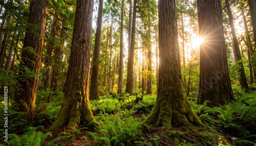 Majestic Redwood Forest Bathed in Golden Sunlight, Lush Green Ferns and Moss.