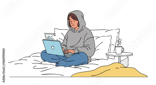 Drawn depiction of a relaxed individual working on a laptop in bed showcasing a modern work from home concept engaging with digital data analysis