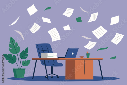 Financial report sheets scattered in an office.