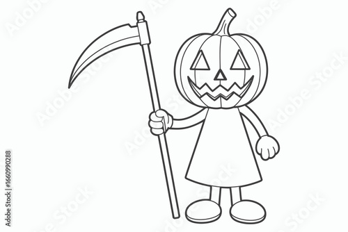 Cartoon jack o lantern character holding a scythe