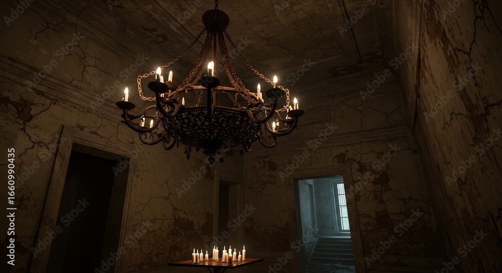 Fototapeta premium Chandelier hangs in a dimly lit decaying room Candles on a table Open doors with a stairway visible