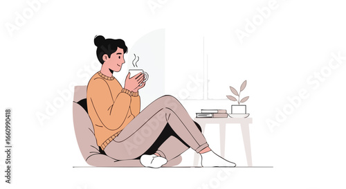 Serene moments, Woman enjoying the warmth of a beverage near window, embracing solitude and simple pleasures of cozy interior setting