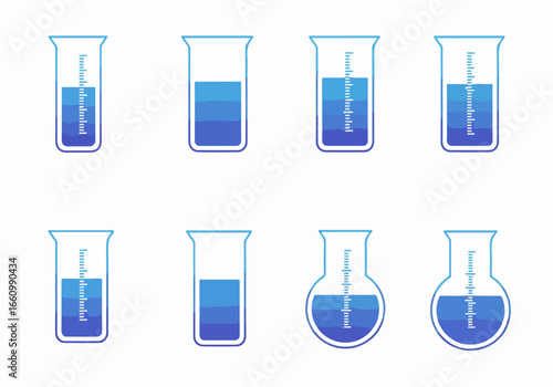 Laboratory glassware with blue liquid, various levels