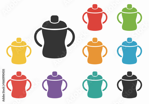 Baby sippy cups in various colors with transparent background