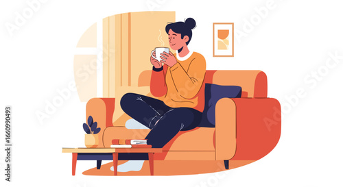 Cozy evening relaxation: a woman enjoying a warm beverage in her modern living room, fostering comfort and tranquility at home after a long day with